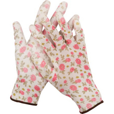 Перчатки садовые, прозрачное PU покрытие, -13 класс вязки, бело-розовые, размер L GRINDA