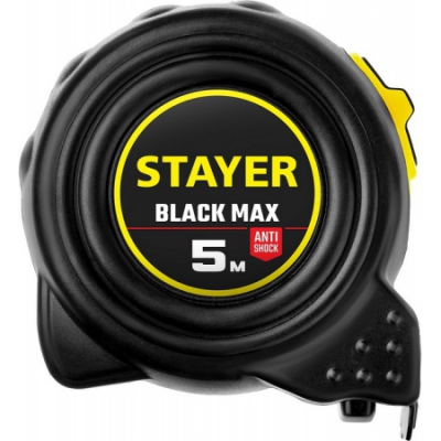Рулетка BlackMax -5м / -19мм в ударостойком полностью обрезиненном корпусе и двумя фиксаторами STAYER