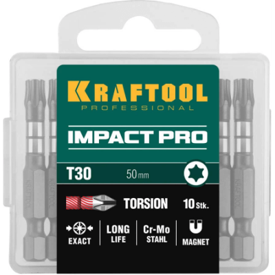 Биты Impact Pro, TORX, тип хвостовика E -1/4, TX30, -50мм, -10шт, в пластиковом боксе KRAFTOOL