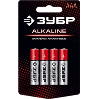 Батарейка ALCALINE щелочная (алкалиновая), AAA, -1,5В, -4шт Зубр